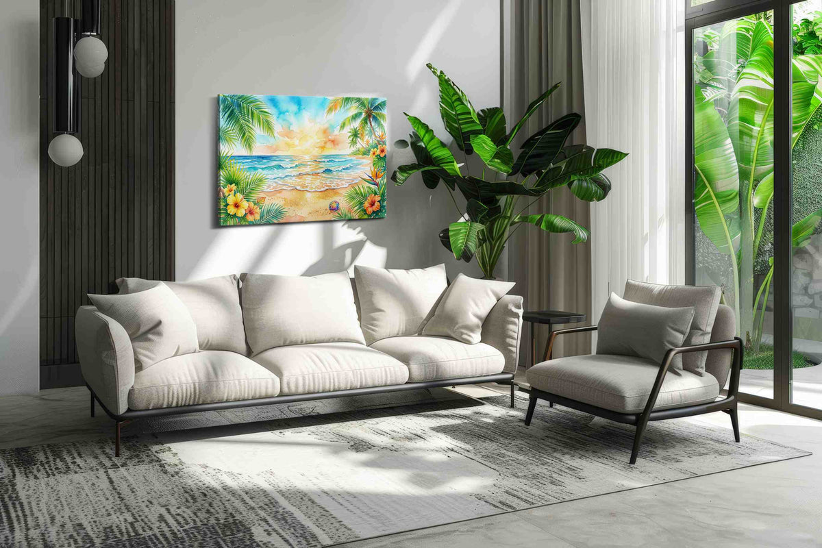 Tropical Sunrise Serenade beach canvas print, on wall, lifestyle preview