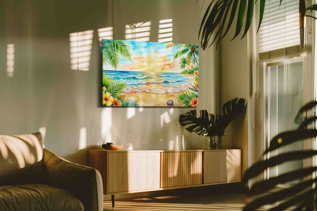 Tropical Sunrise Serenade beach canvas print in a hung canvas mockup