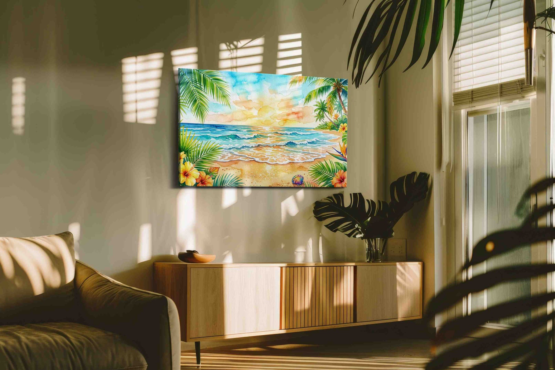 Tropical Sunrise Serenade beach canvas print in a hung canvas mockup