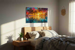 Tropical Sunset Reverie summer canvas print, displayed in a bedroom