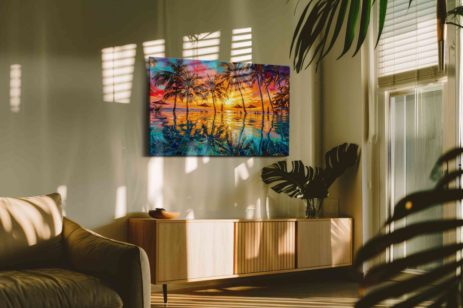 Tropical Sunset Reverie summer canvas print in a hung canvas mockup