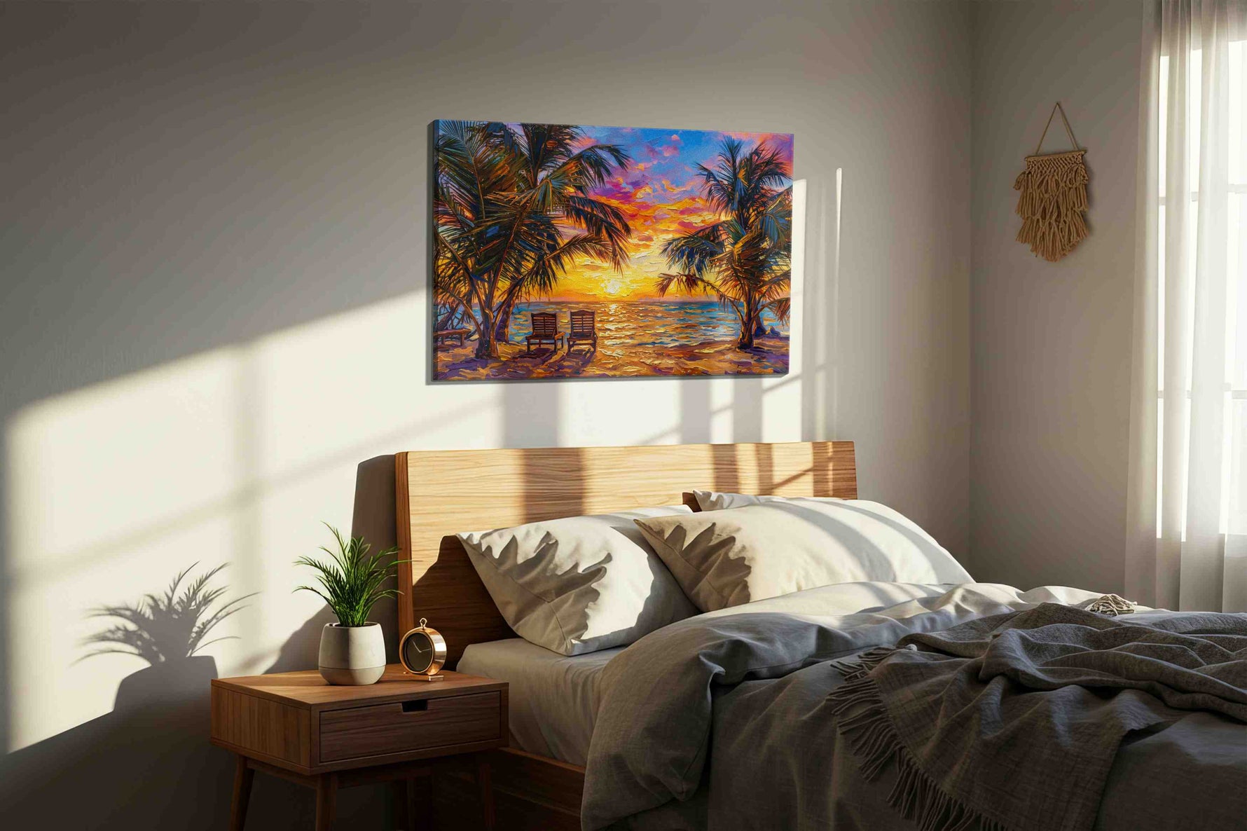 Tropical Sunset Serenity summer canvas print, displayed in a bedroom