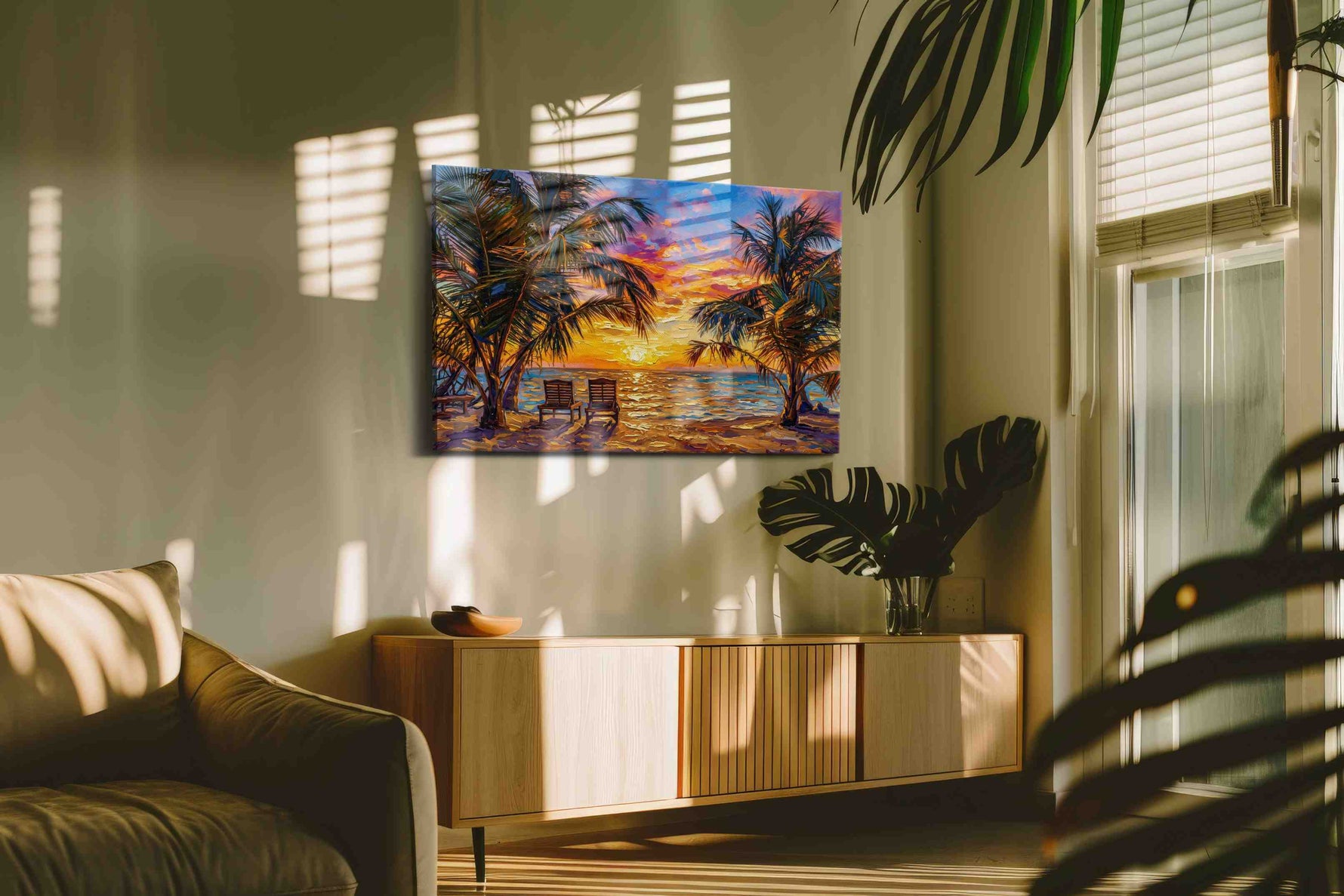 Tropical Sunset Serenity summer canvas print in a hung canvas mockup