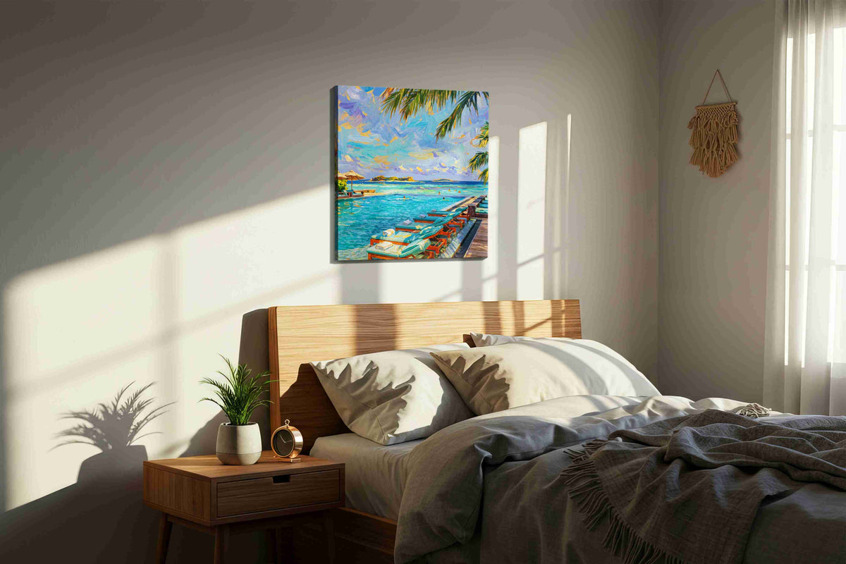 Tropical Tranquility Getaway summer canvas print, displayed in a bedroom
