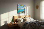Tropical Tranquility Getaway summer canvas print, displayed in a bedroom