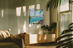 Tropical Tranquility Getaway summer canvas print in a hung canvas mockup