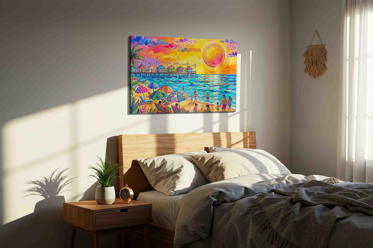 Vibrant Seaside Reverie beach canvas print, displayed in a bedroom