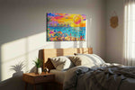 Vibrant Seaside Reverie beach canvas print, displayed in a bedroom