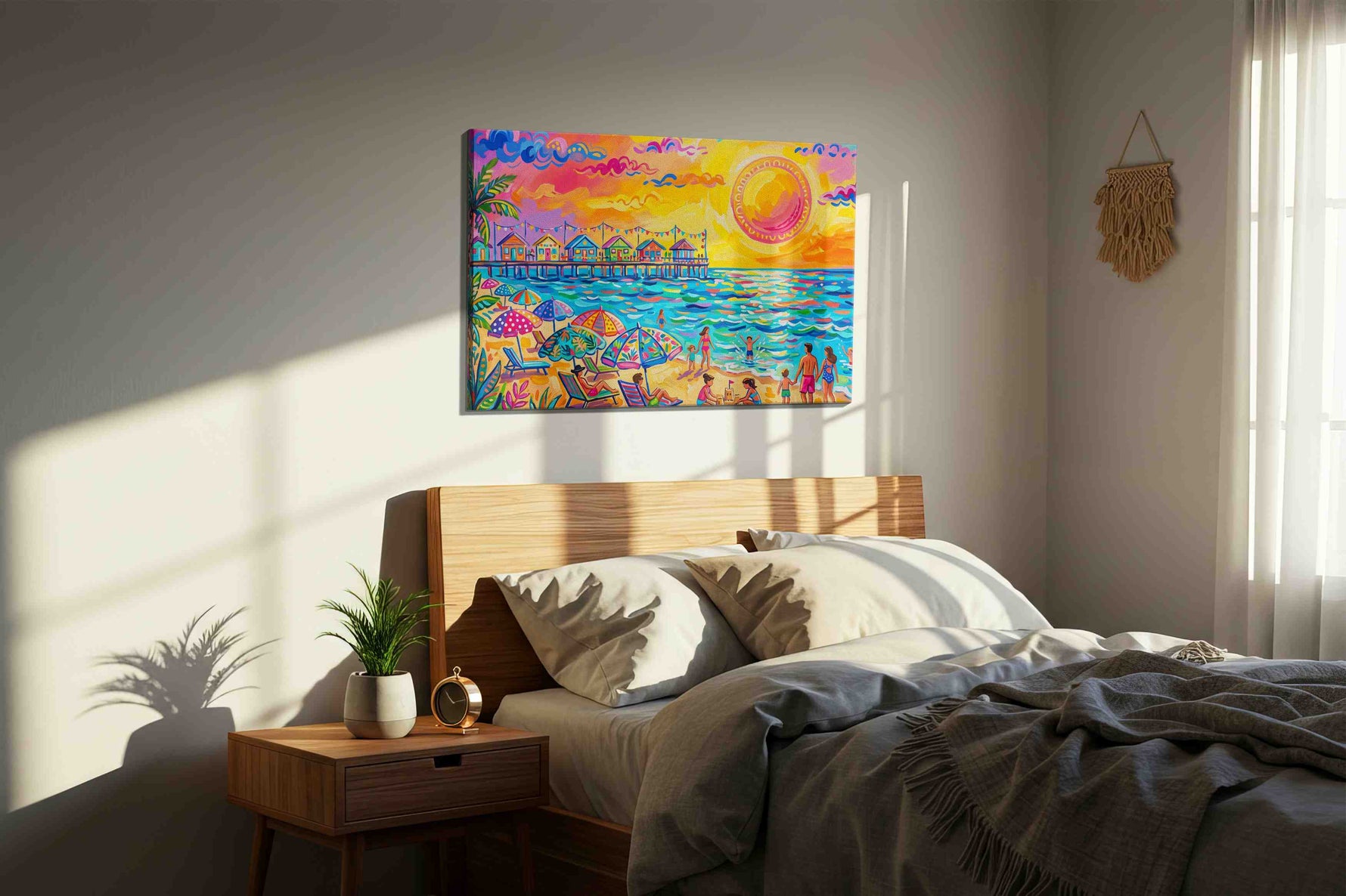 Vibrant Seaside Reverie beach canvas print, displayed in a bedroom