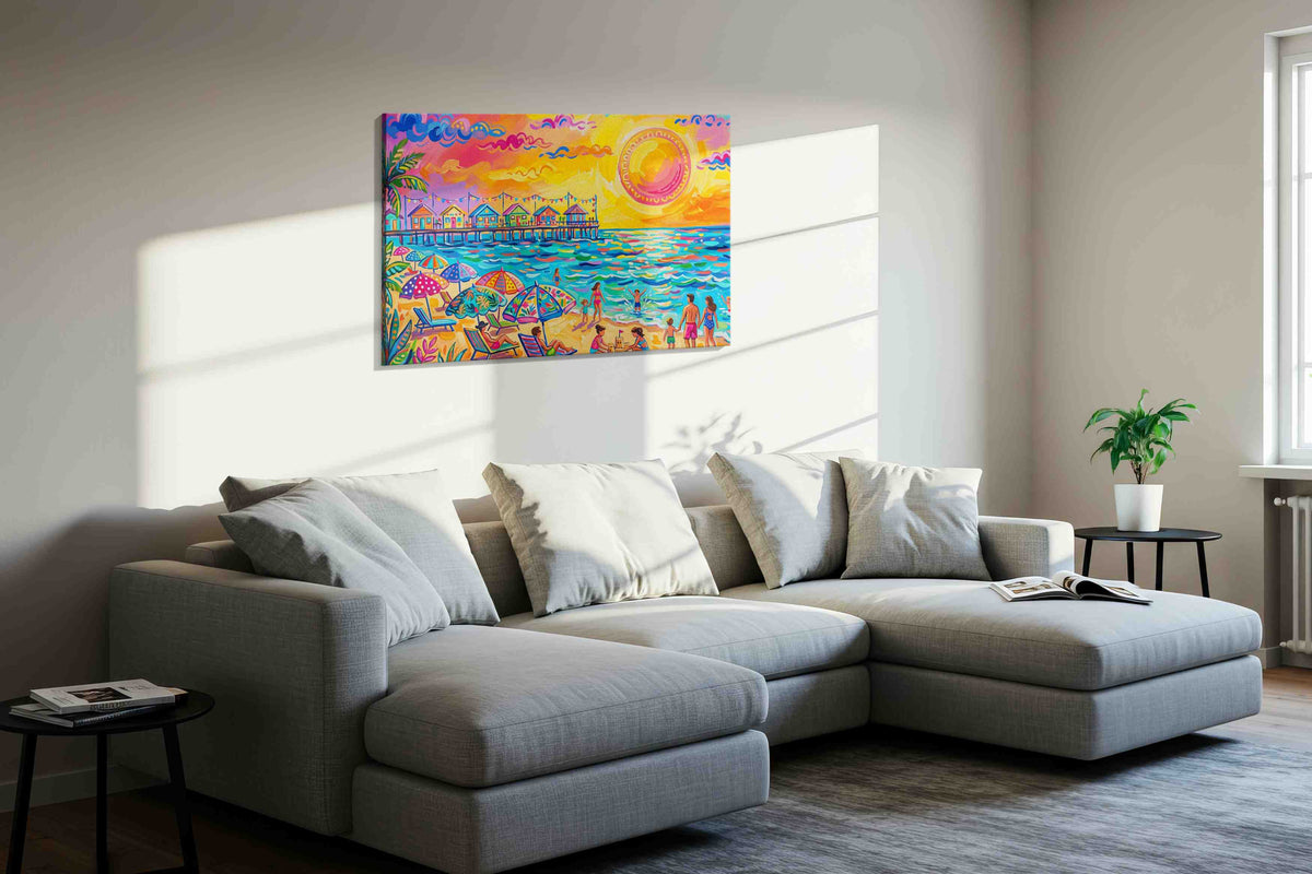 Vibrant Seaside Reverie beach canvas print, displayed in a living room
