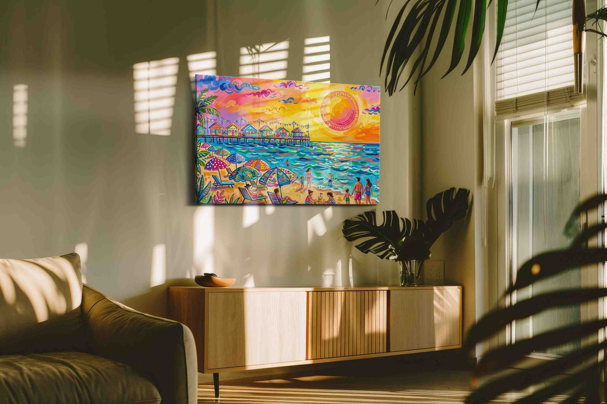 Vibrant Seaside Reverie beach canvas print in a hung canvas mockup