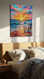 Vibrant Sunset Symphony II beach canvas print, displayed in a bedroom