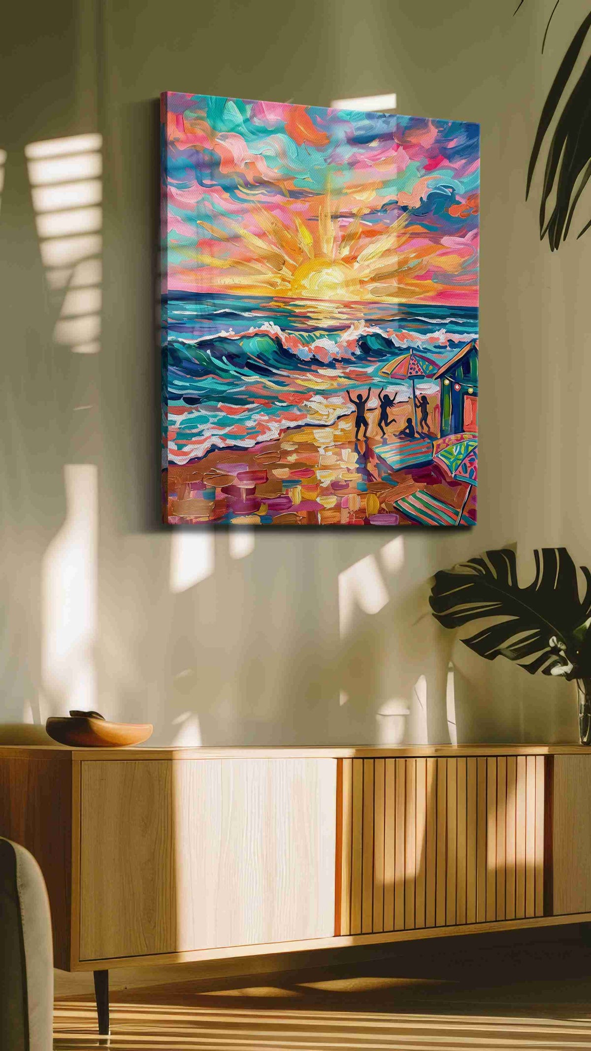 Vibrant Sunset Symphony II beach canvas print in a hung canvas mockup