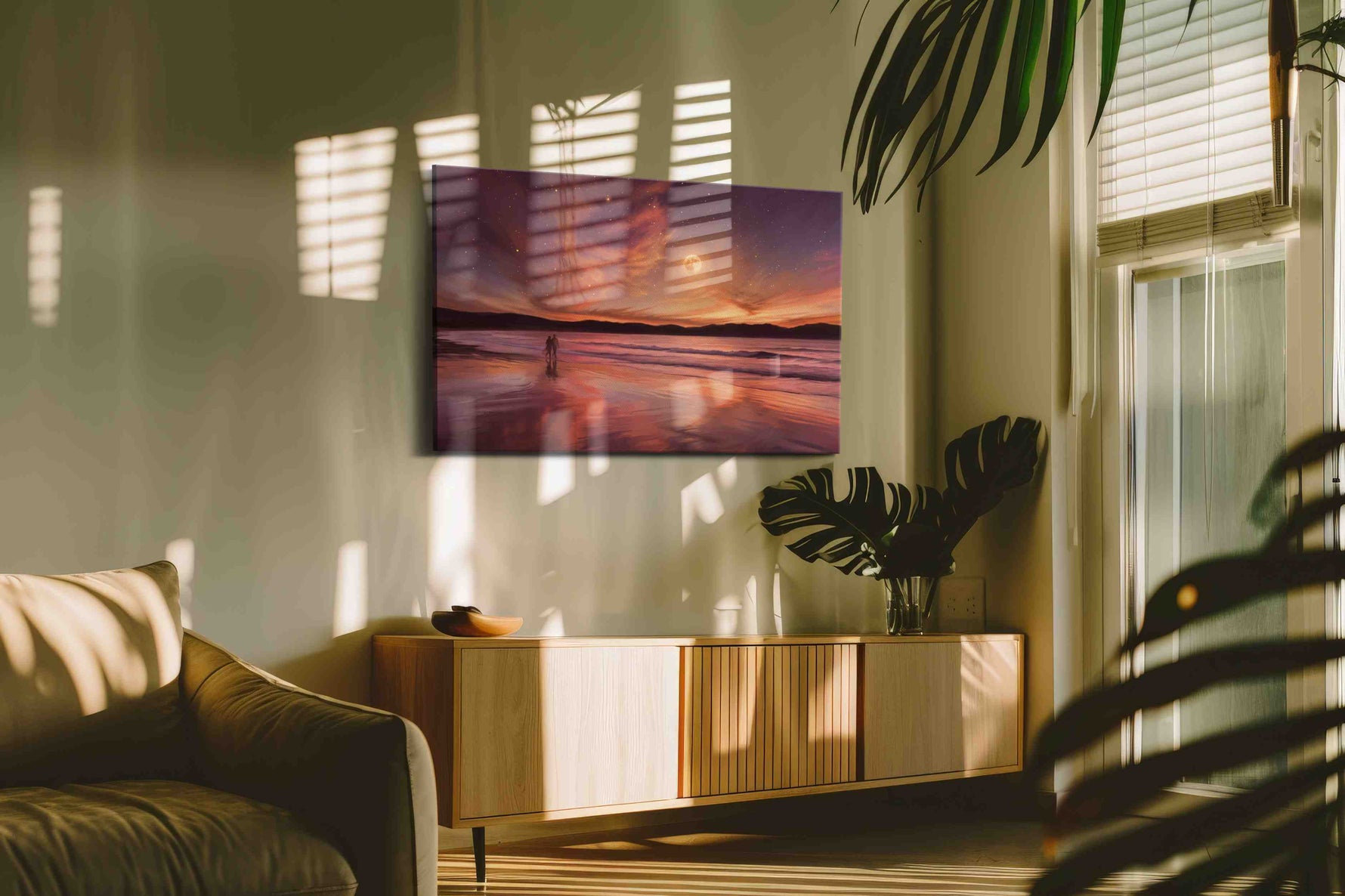 Whispers of the Celestial Shore beach canvas print, displayed in a living room