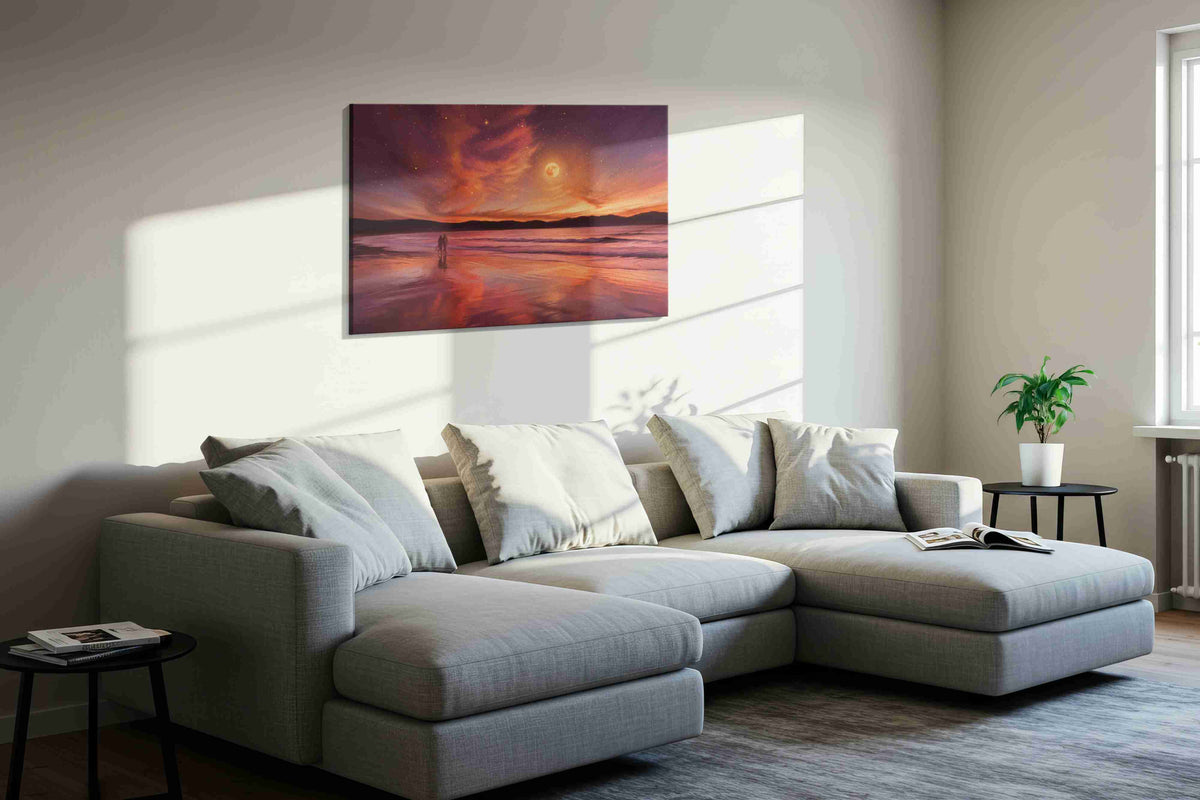 Whispers of the Celestial Shore beach canvas print styled in a living room