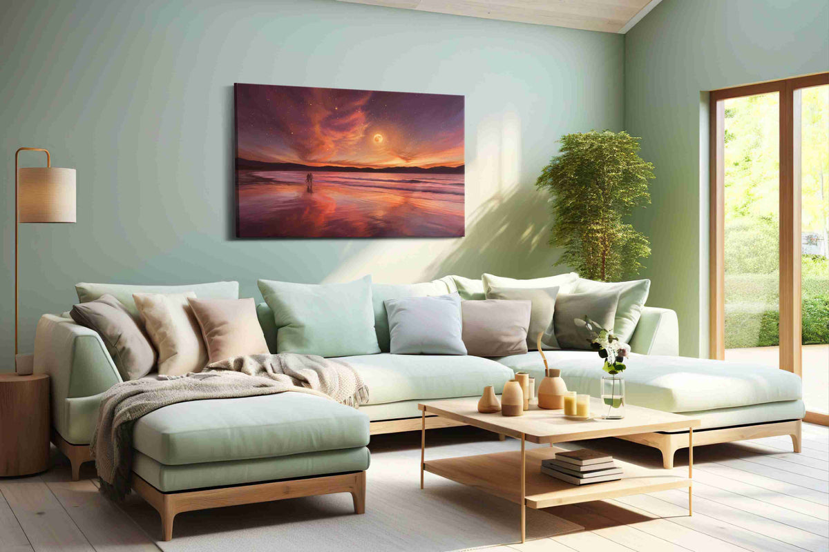 Whispers of the Celestial Shore beach canvas print shown in a wall scene