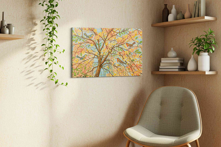 Whispers of Blossoms and Birds spring canvas print, hanging on wall — view 2