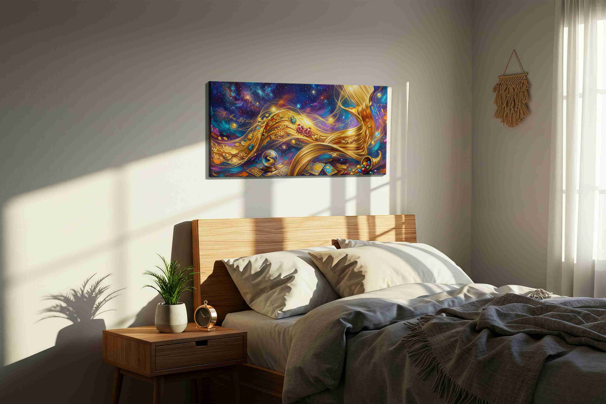 Celestial Prosperity Stream fortune canvas print, displayed in a bedroom