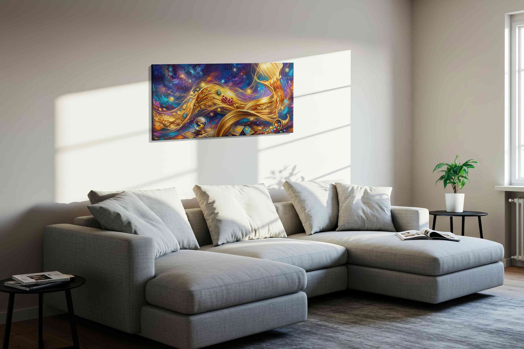 Celestial Prosperity Stream fortune canvas print, displayed in a living room