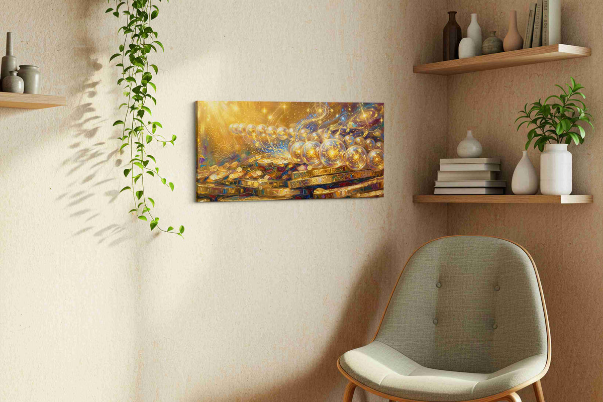 Celestial Whispers of Gold fortune canvas print styled in a living room