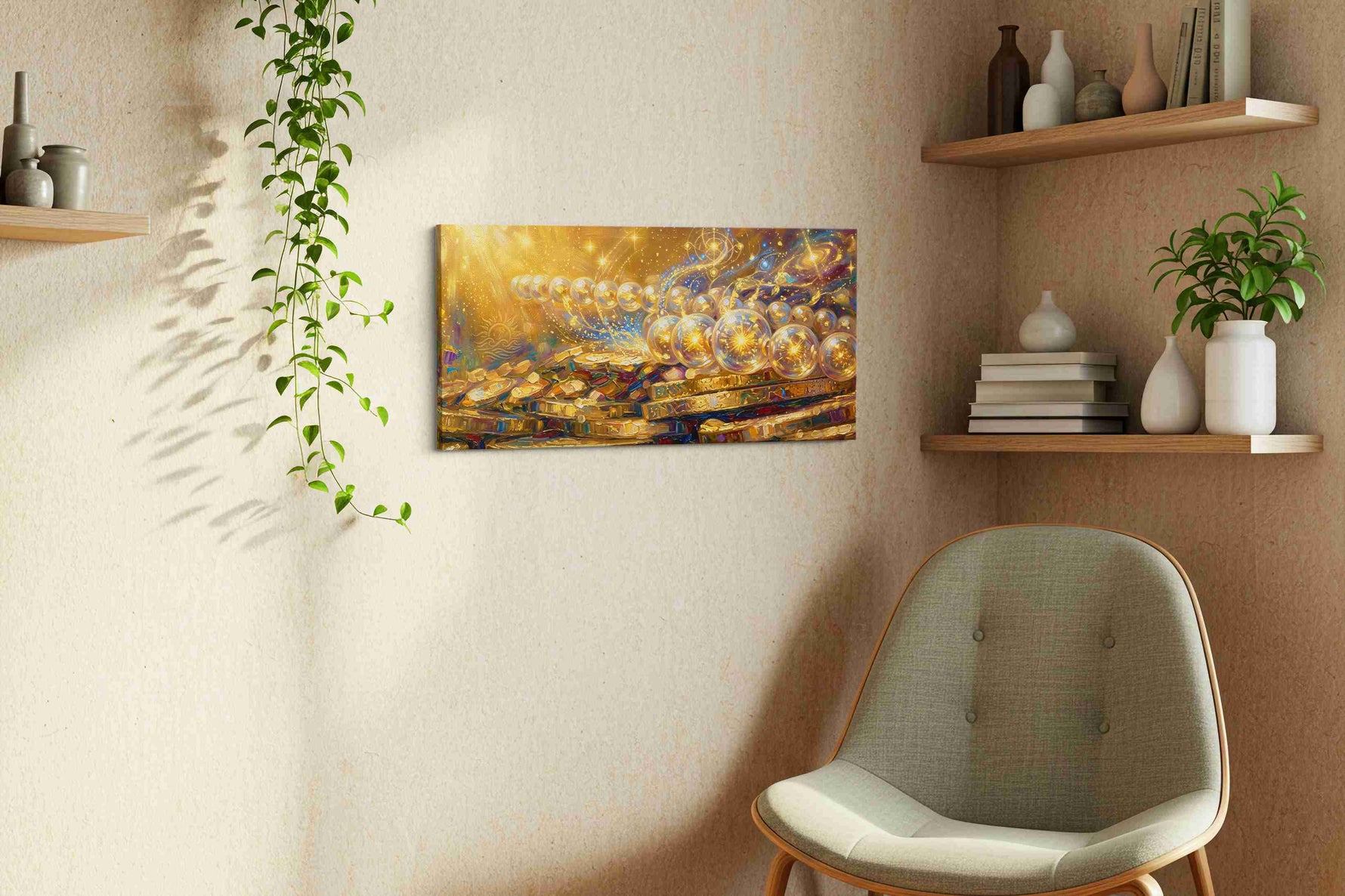 Celestial Whispers of Gold fortune canvas print styled in a living room