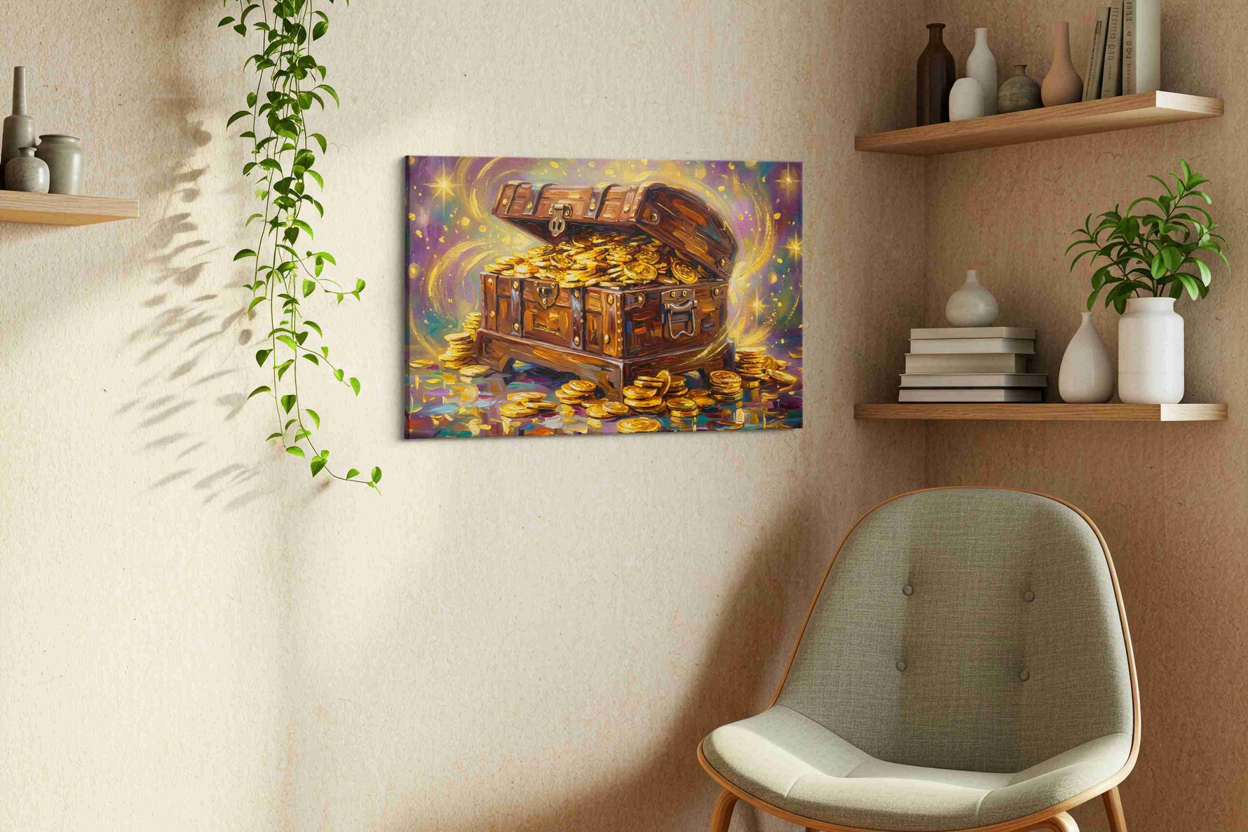 Chest of Glimmering Dreams fortune canvas print, displayed in a living room