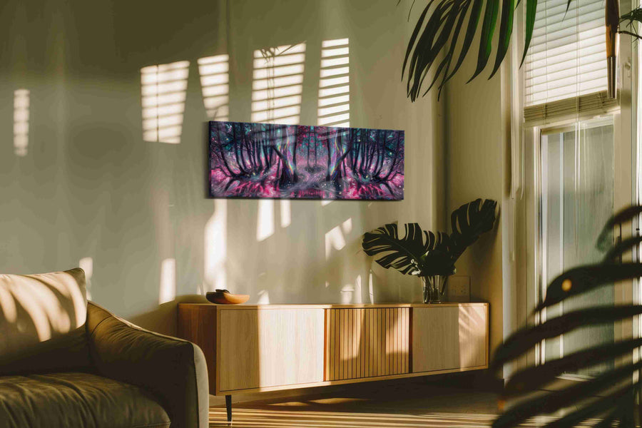 Enchanted Forest's Luminous Dream fantasy canvas print, displayed in a living room