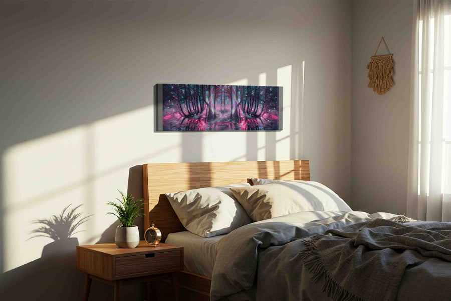 Enchanted Forest's Luminous Dream fantasy canvas print, displayed in a bedroom