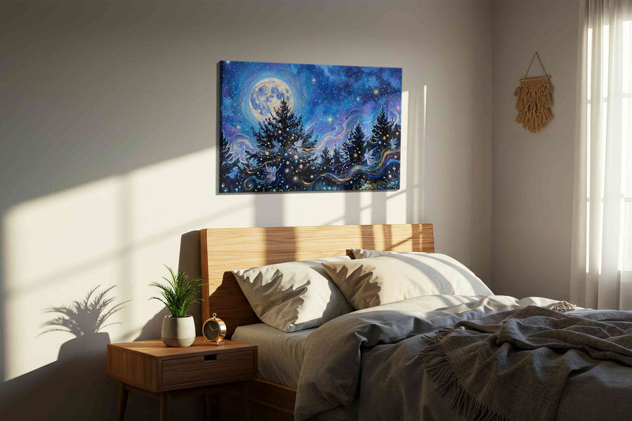 Enchanted Night Symphony fantasy canvas print, displayed in a bedroom