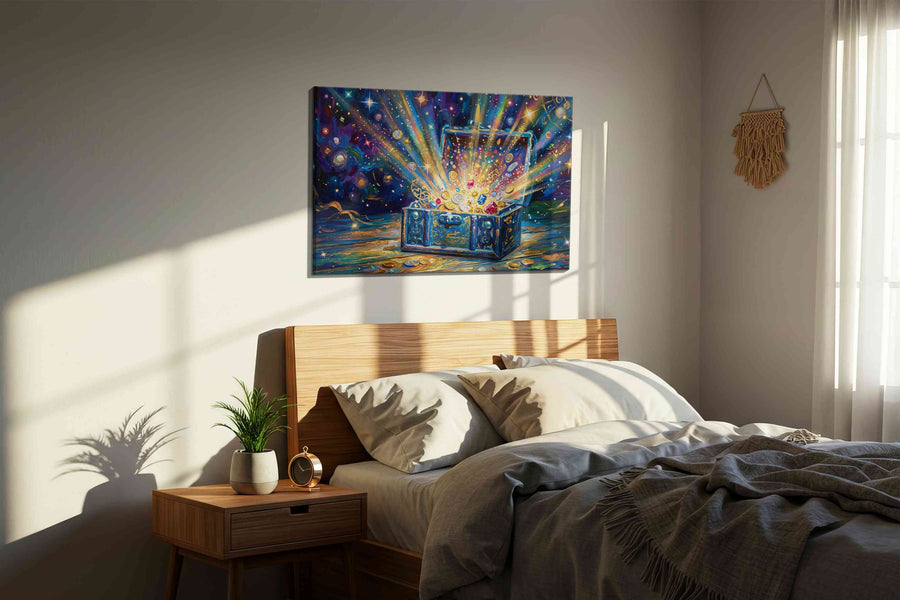 Galactic Treasure Unveiled fortune canvas print, displayed in a bedroom