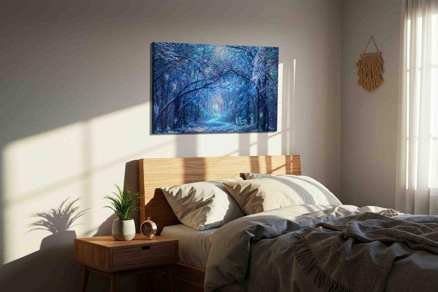 Mystical Frosted Pathway fantasy canvas print, displayed in a bedroom