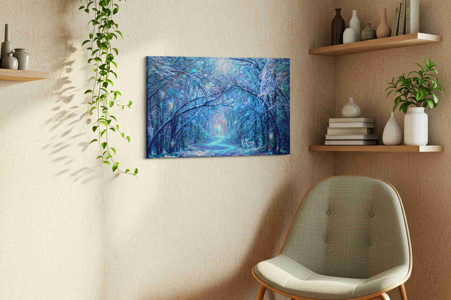 Mystical Frosted Pathway fantasy canvas print, displayed in a living room