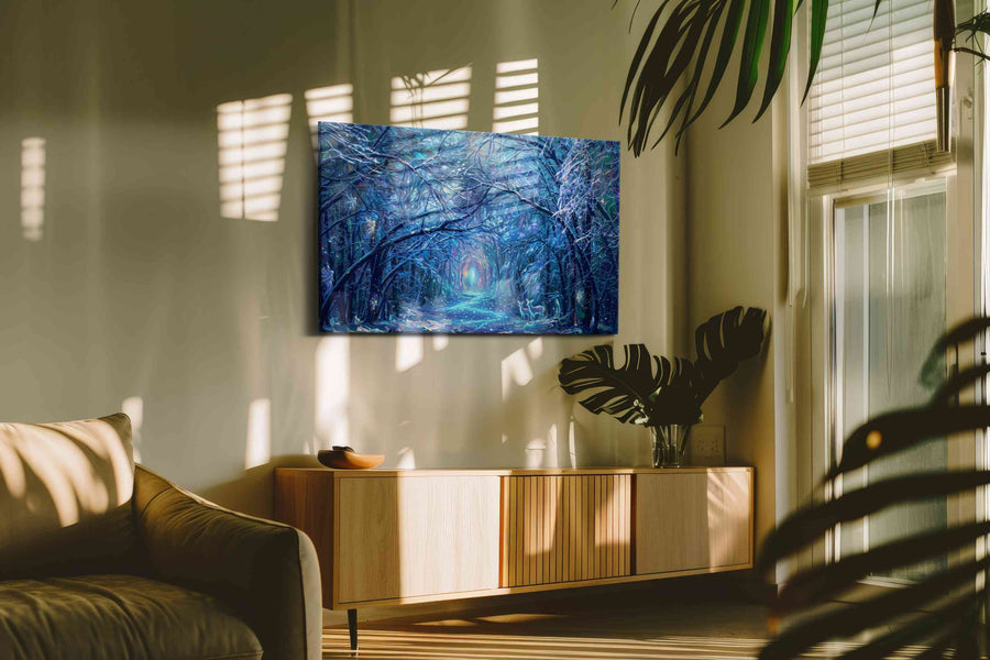 Mystical Frosted Pathway fantasy canvas print, on wall, lifestyle preview