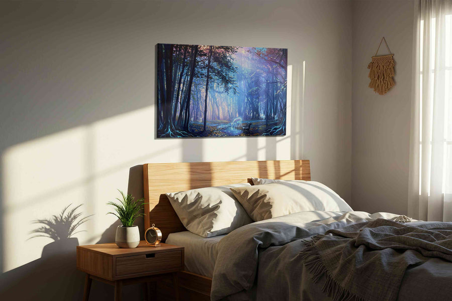 Realm of Enchanted Twilight fantasy canvas print, displayed in a bedroom