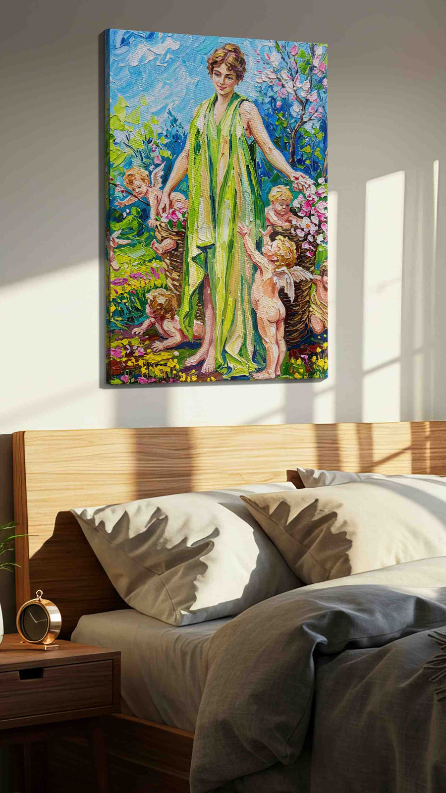 Whimsical Spring Awakening spring canvas print, displayed in a bedroom