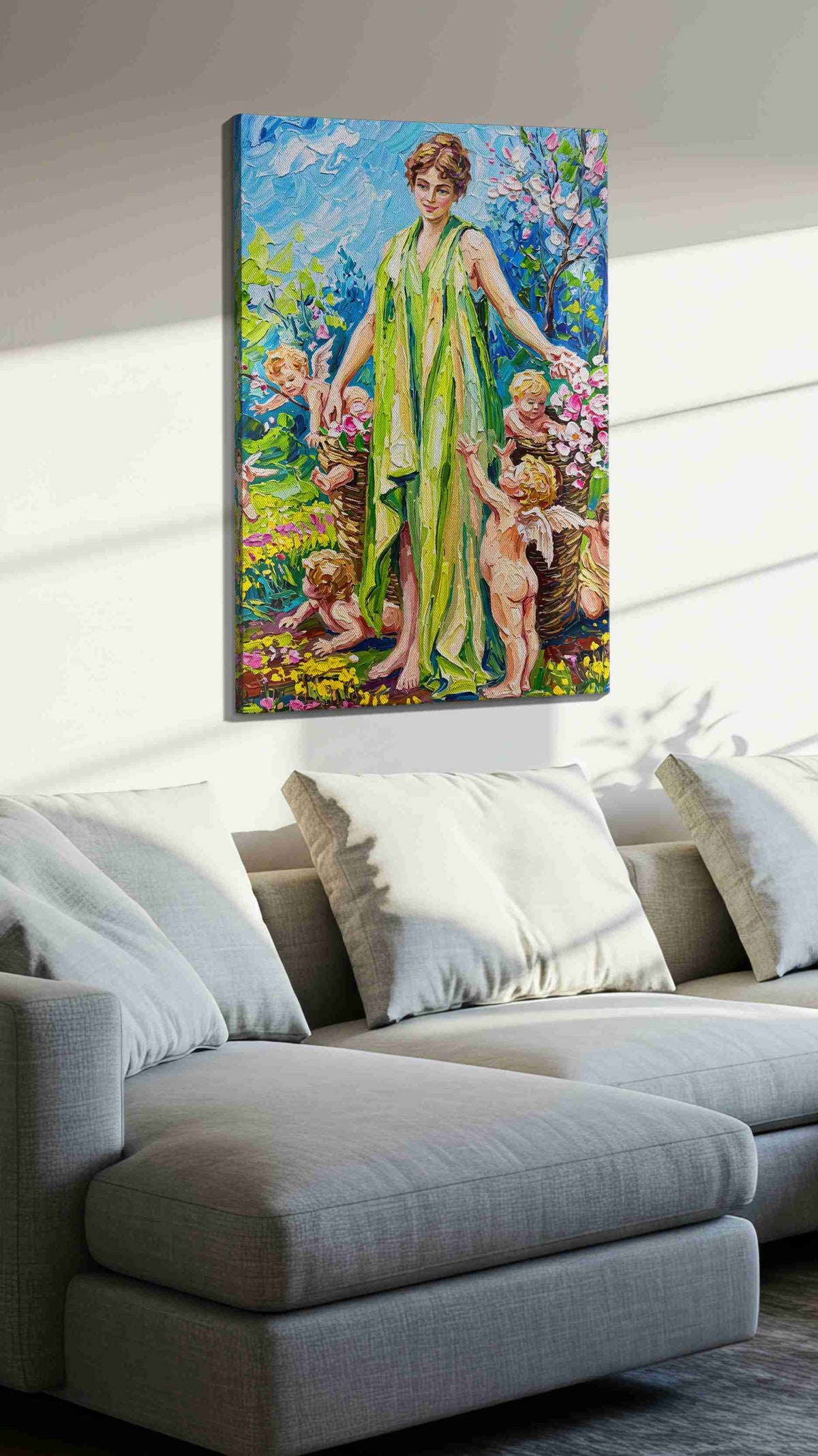 Whimsical Spring Awakening spring canvas print, displayed in a living room