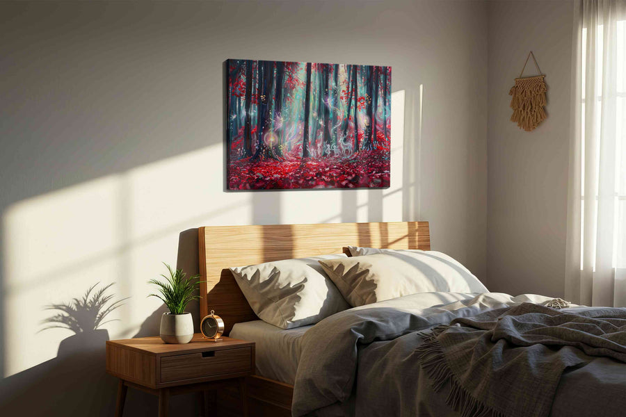 Whispers of Enchanted Woods fantasy canvas print, displayed in a bedroom