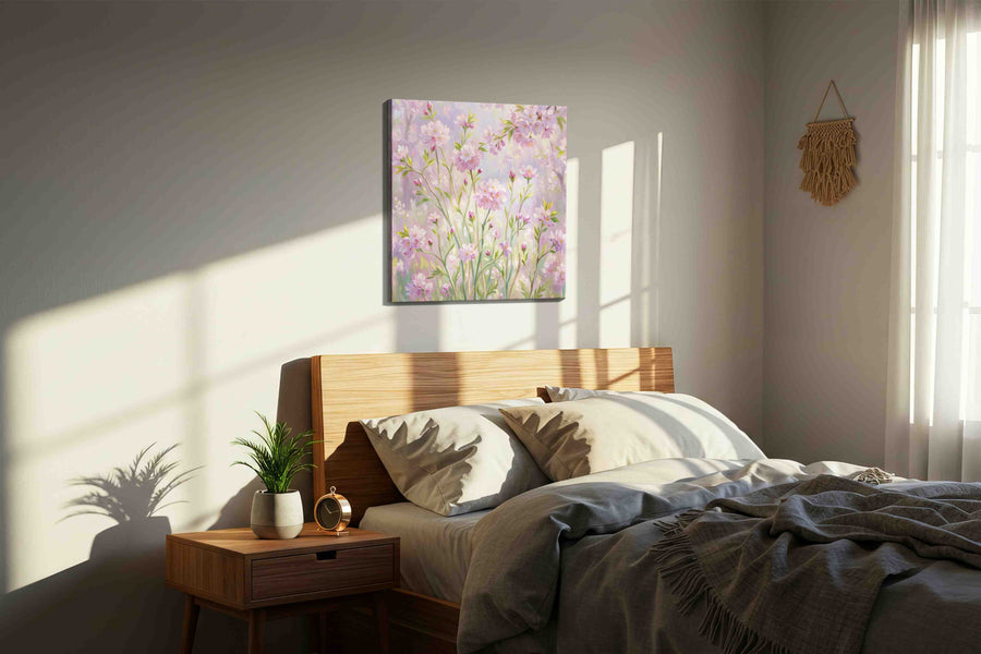 Spring's Whispering Blooms spring canvas print, displayed in a bedroom