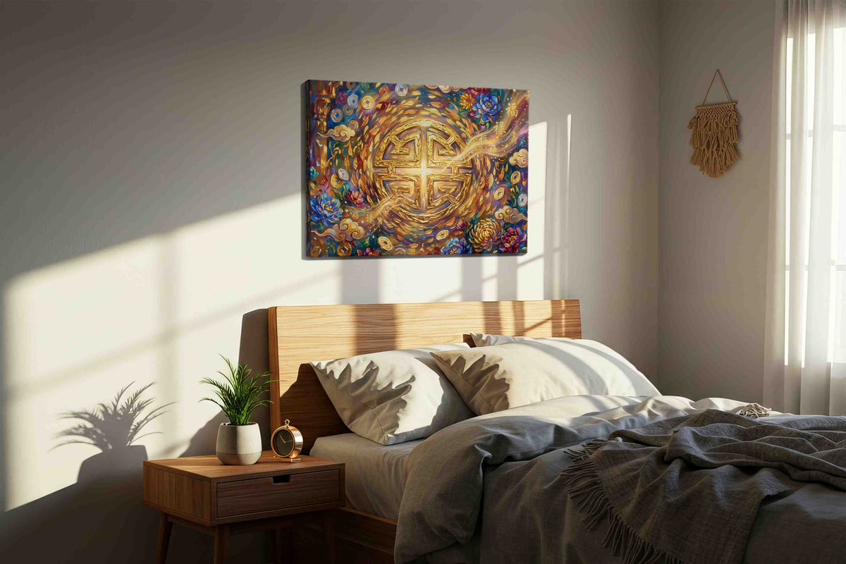Eternal Fortune Blossoms fortune canvas print, displayed in a bedroom