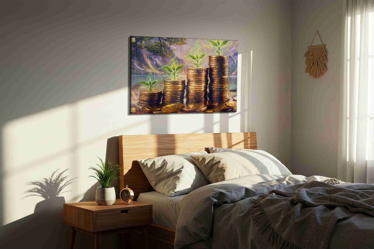 Flourishing Wealth fortune canvas print, displayed in a bedroom
