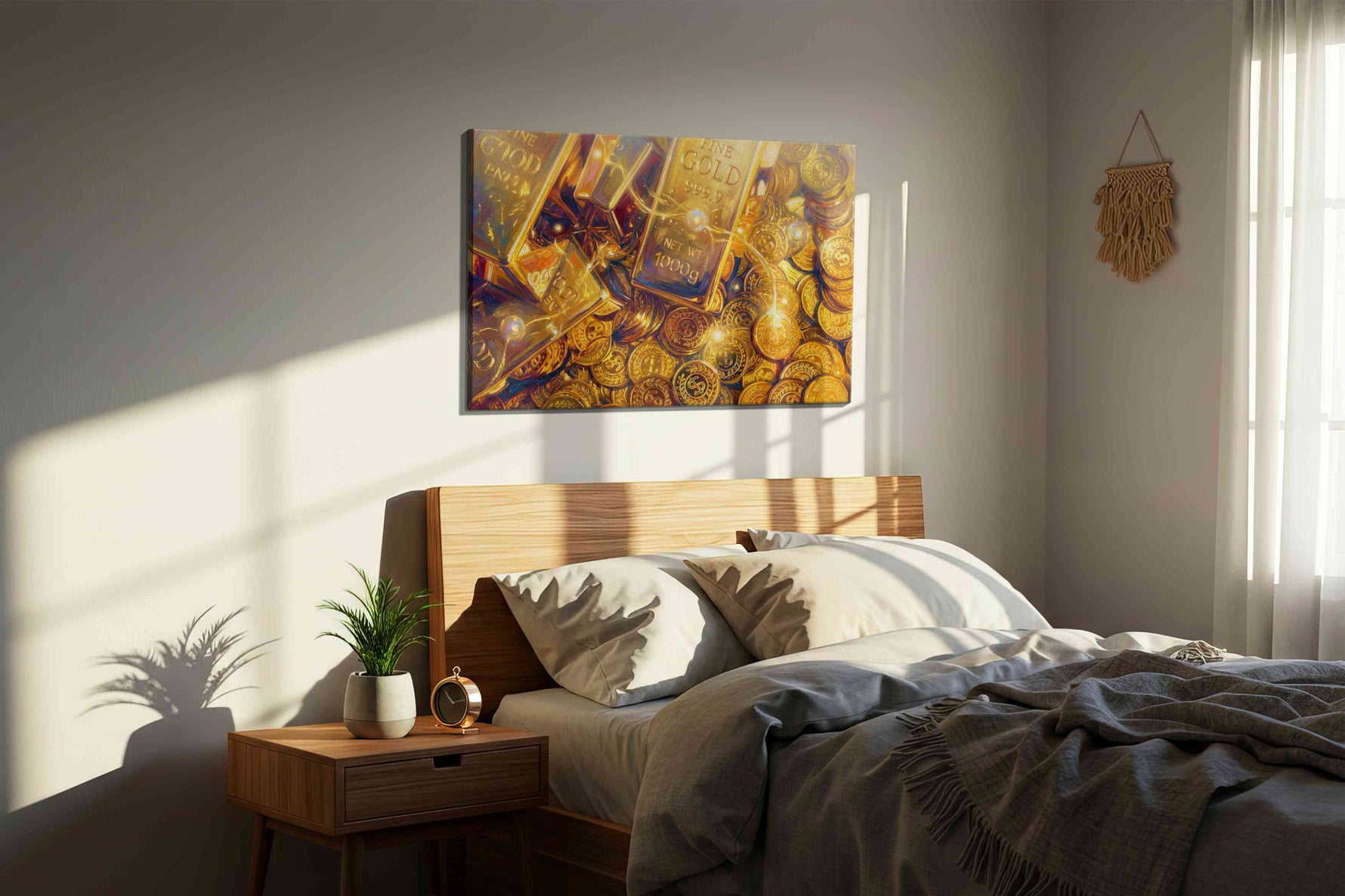 Golden Fortune Cascade - Feng Shui Wall Art, Prosperity Canvas Print, Good Luck Decor