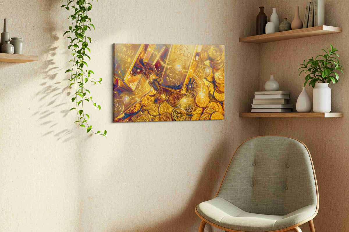 Golden Fortune Cascade fortune canvas print, displayed in a living room