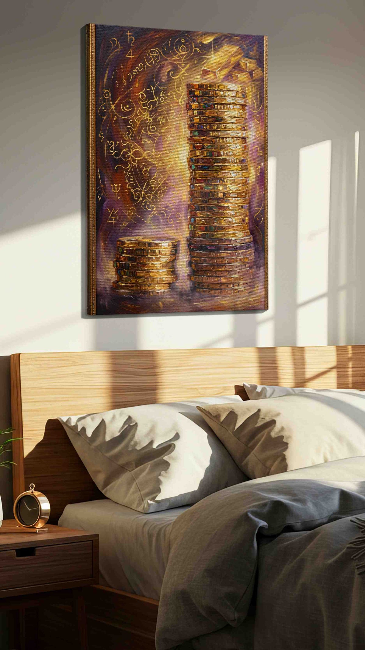 Golden Prosperity Cascade fortune canvas print, displayed in a bedroom