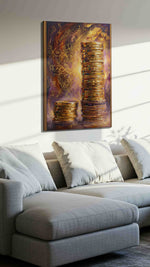 Golden Prosperity Cascade fortune canvas print, displayed in a living room
