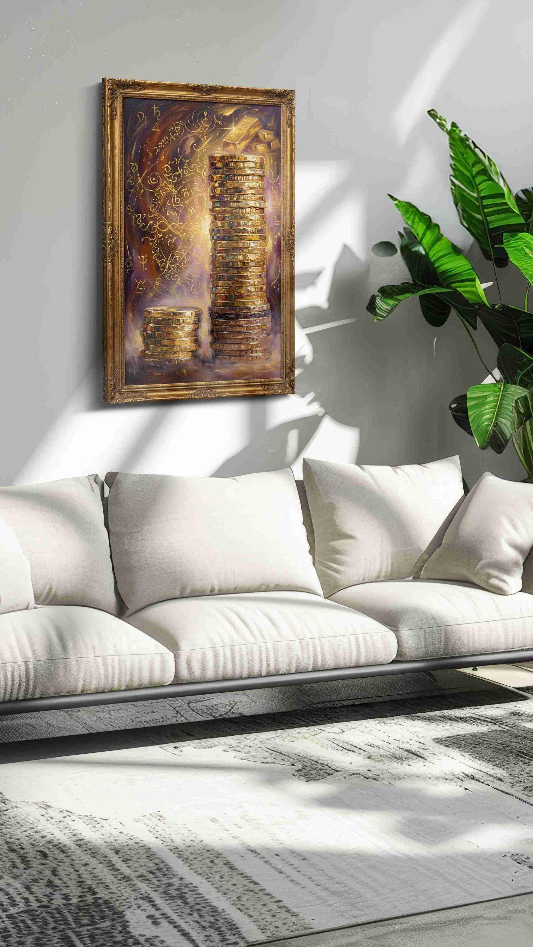Golden Prosperity Cascade fortune canvas print, on wall, lifestyle preview