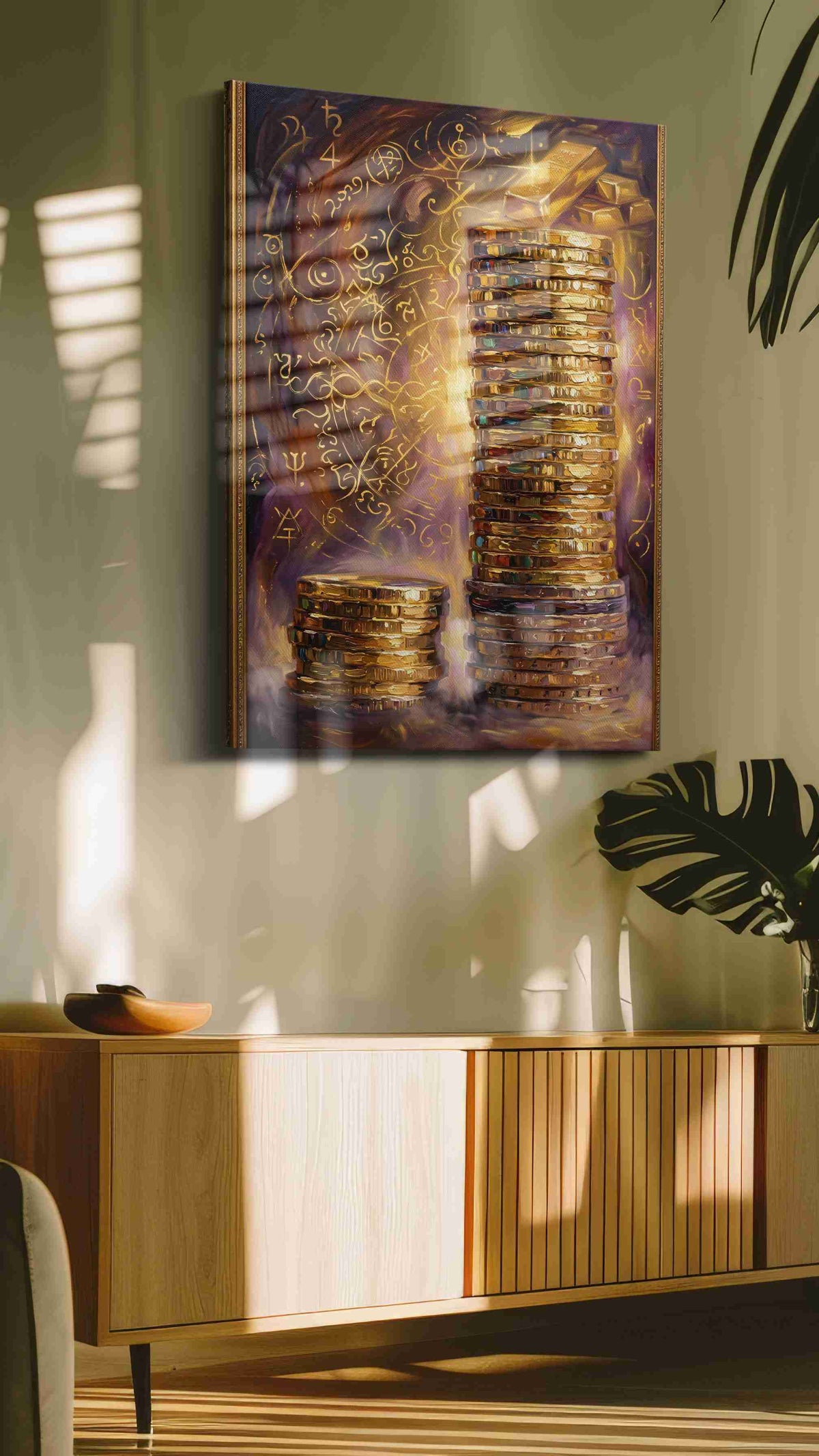 Golden Prosperity Cascade fortune canvas print in a hung canvas mockup