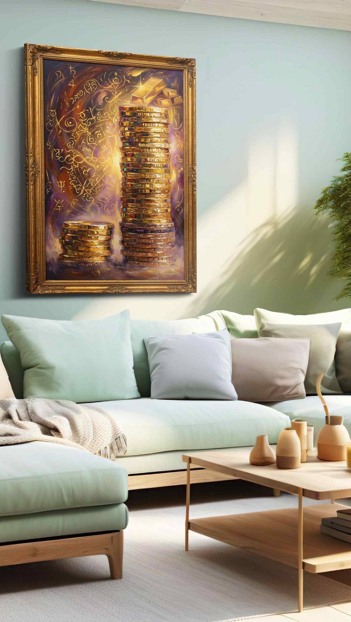 Golden Prosperity Cascade - Feng Shui Wall Art, Prosperity Canvas Print, Good Luck Decor