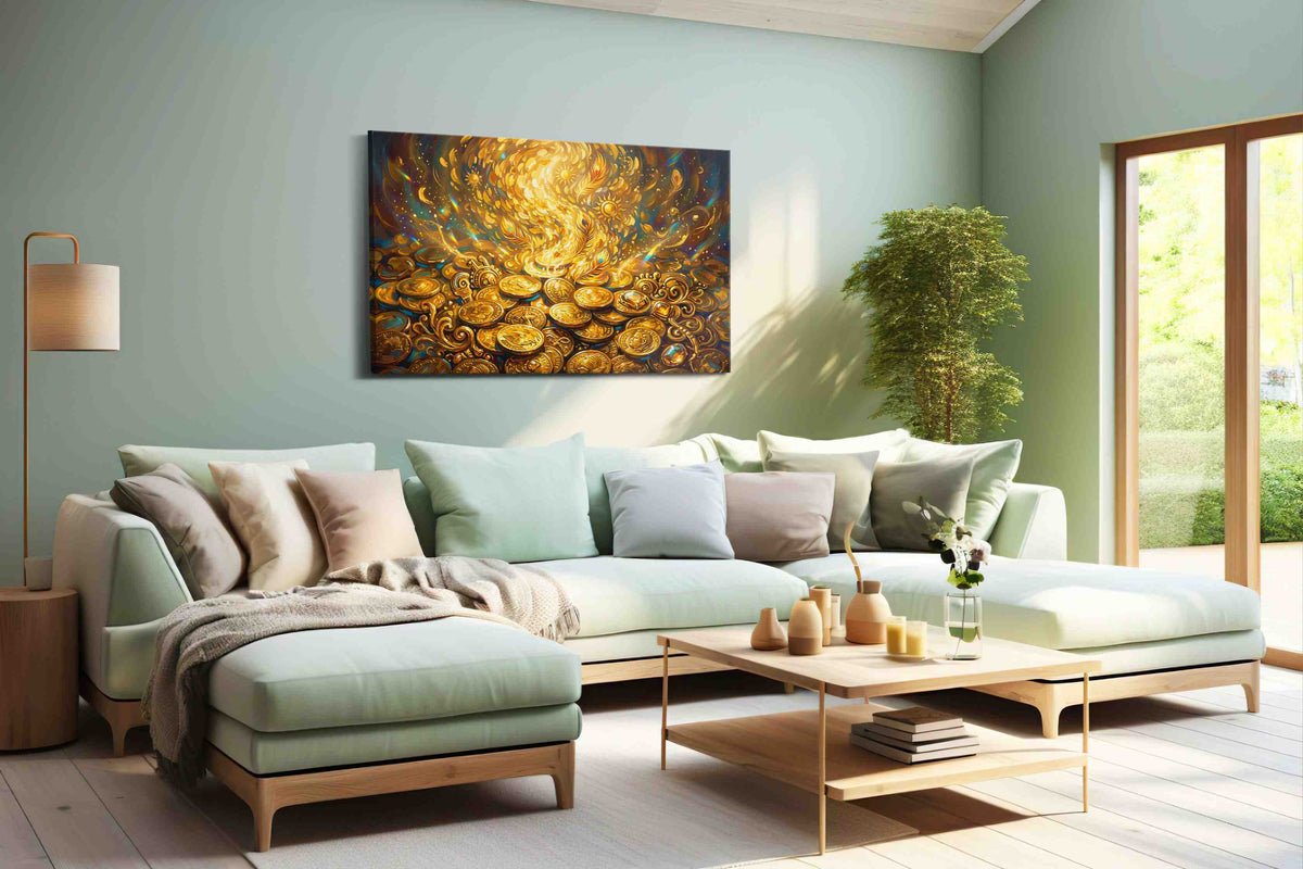 Golden Whirlwind of Fortune fortune canvas print shown in a wall scene
