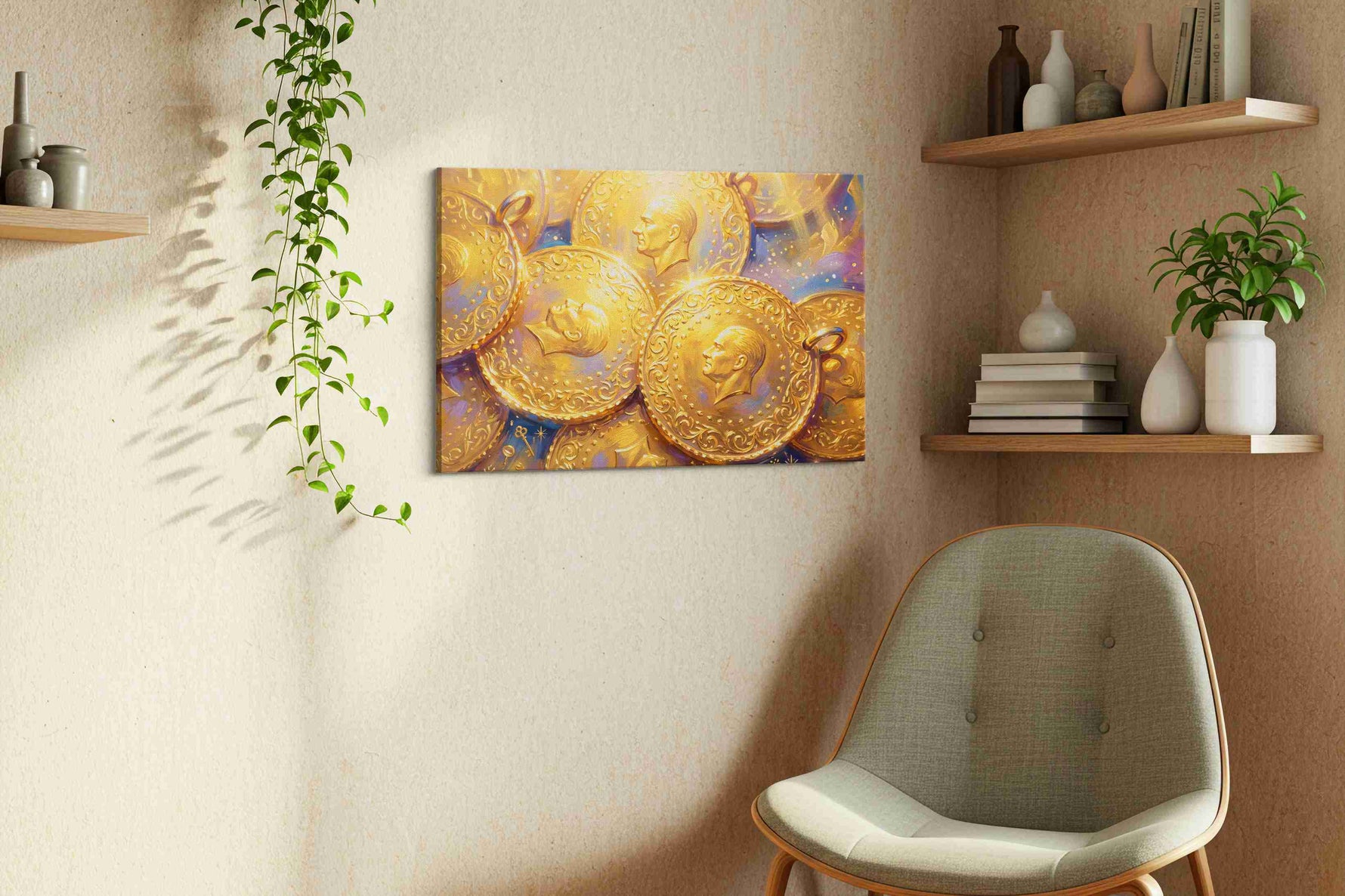 Golden Whispers of Fortune fortune canvas print, displayed in a living room