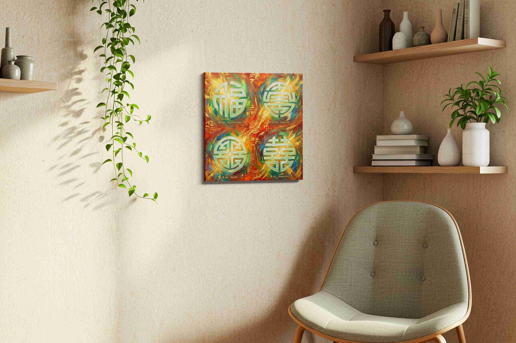 Symbols of Prosperity fortune canvas print styled in a living room